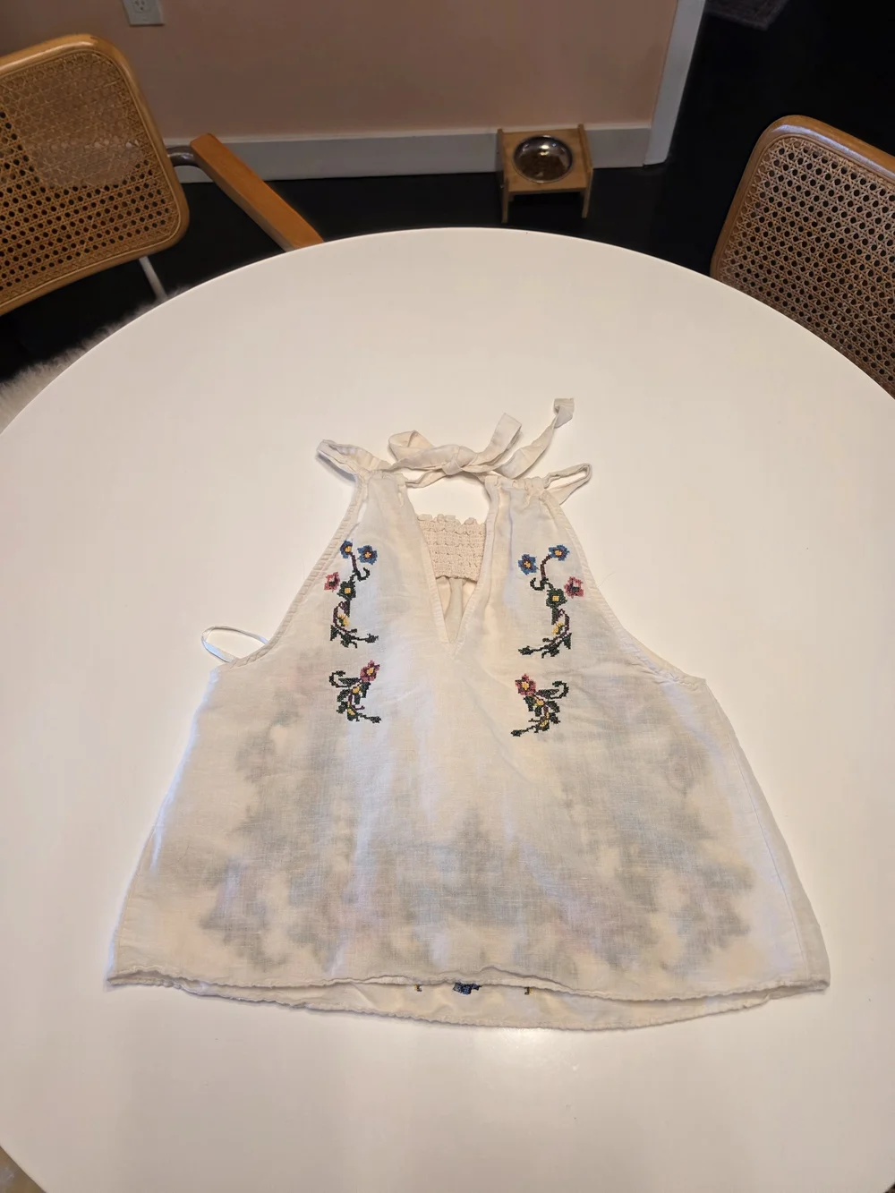 Free People XS Honey Pie Cream Halter Crop Top with Pink Rose Embroidery